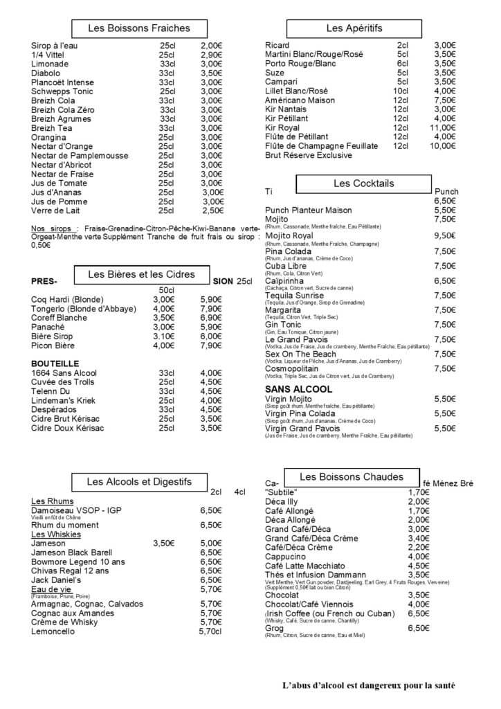 Carte des boissons Le Bistrot du Grand Pavois Restaurant à SaintNazaire
